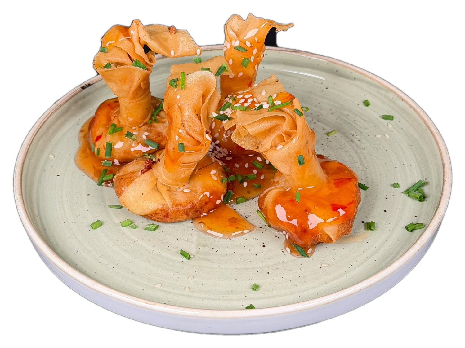 Crispy wonton purses with chilli sauce