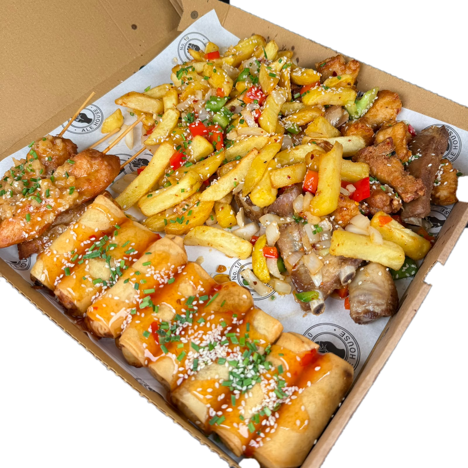 Sharing platter — satay, spring rolls, wings and loaded fries